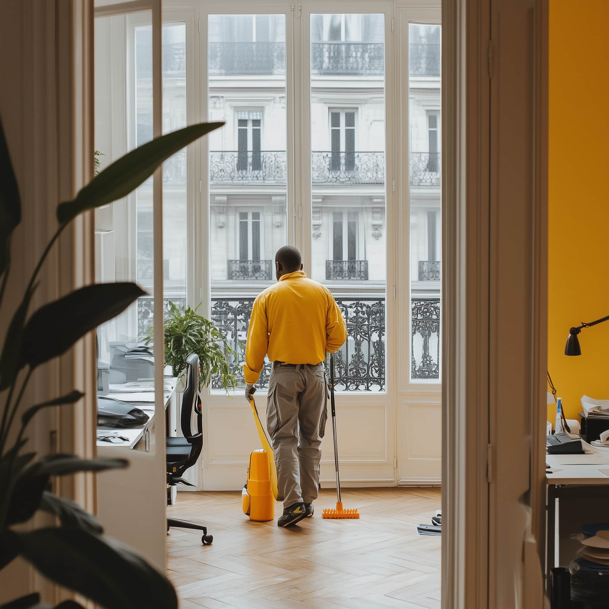 Un homme qui nettoie un bureau parisien